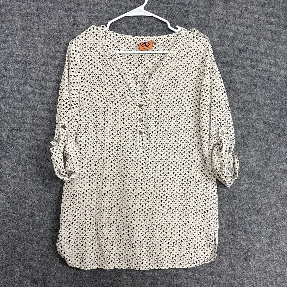 Tory Burch Silk Blend Top Blouse  Womens Size 8 Cream roll Sleeves